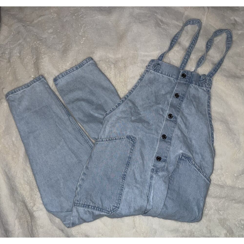 MNG Mango Denim Overalls Women XS Light Wash Button Front 25” Inseam